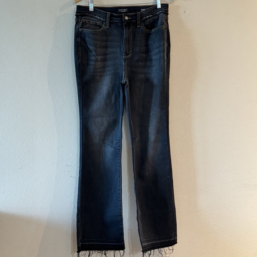 Judy Blue Slim Boot Cut Jeans Womens‎ 13/31 Dark Wash Raw Hem High Rise